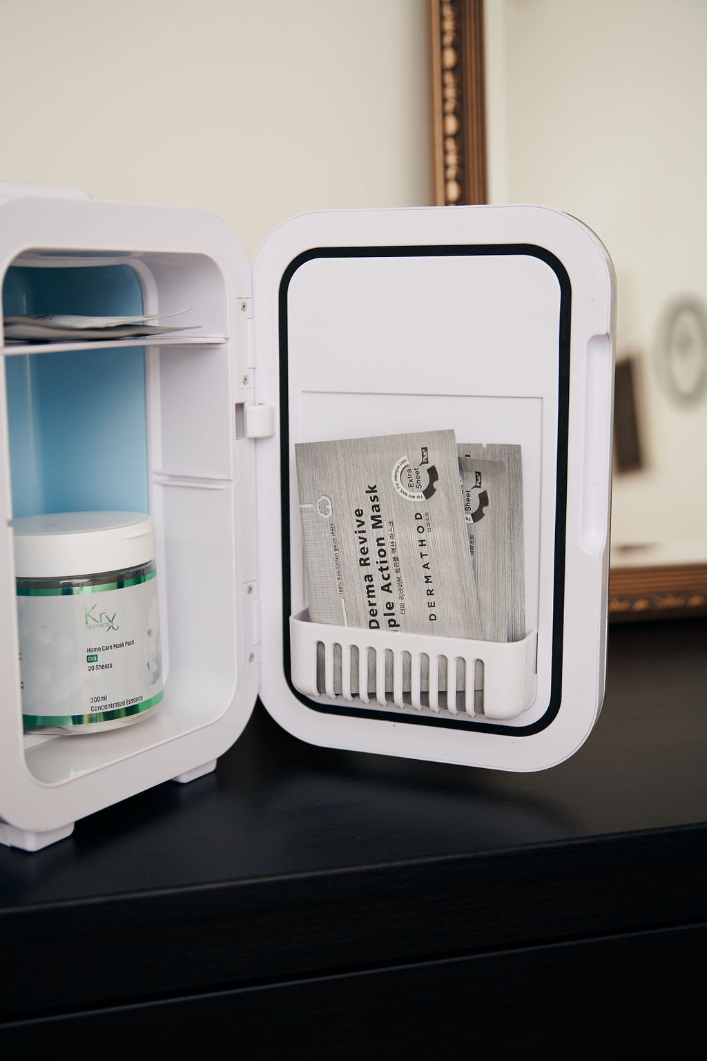 KRX and Dermathod skincare masks stored in a treatment-room fridge
